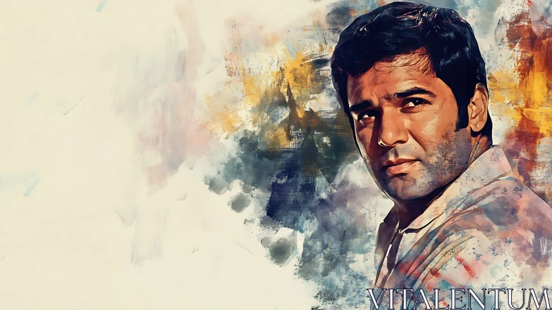 Expressive male portrait over abstract painted backdrop.