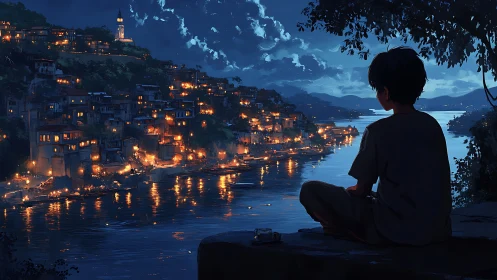 Boy quietly watches riverside town glitter in blue dusk