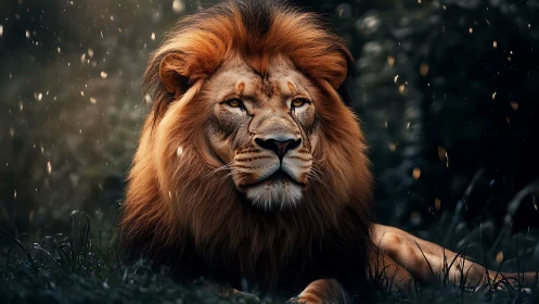 Majestic male lion resting in dark glowing forest light