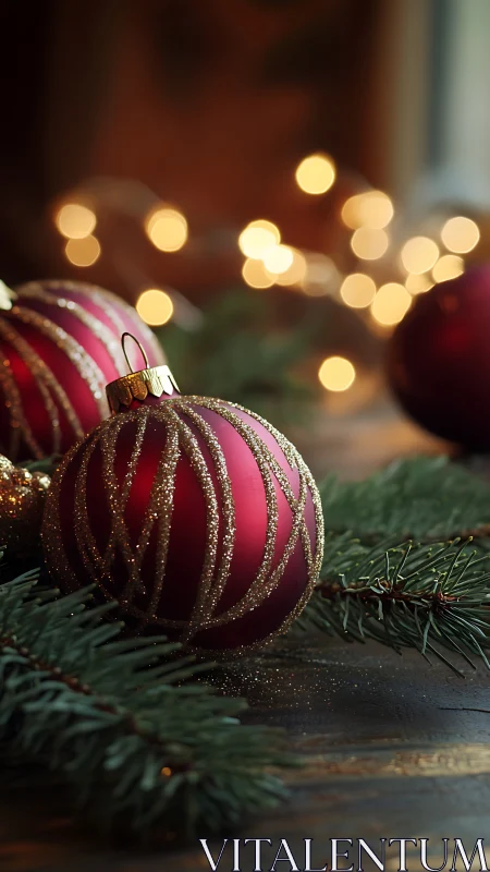 Red Christmas baubles glow softly amid warm holiday lights