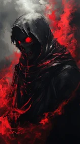 Hooded skeletal reaper with red flames and glowing eyes.