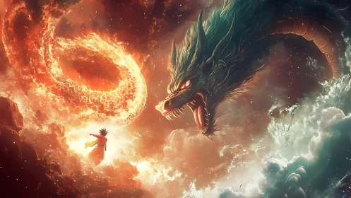 Human figure confronting serpentine dragon amid fire clouds.