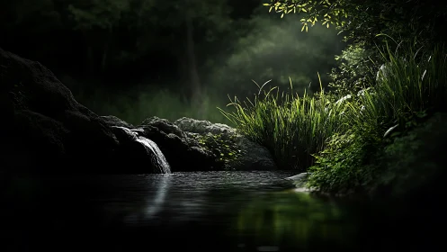 Whispering forest pool trades shadows for shards of light