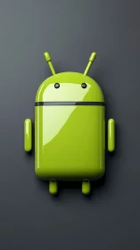 Green Android robot rendered as glossy 3D icon on gray