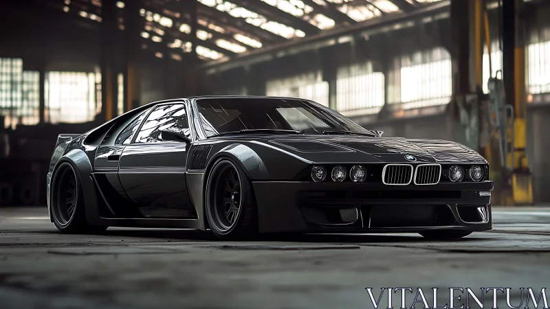 Modified black BMW sports car in dim industrial warehouse.