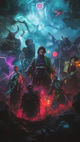 Samurai warband confronts demonic legion under blood moon.