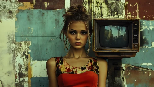 Retro glow surrounds a thoughtful woman beside old TV