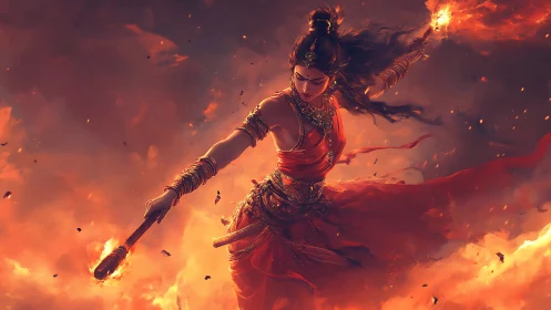 Warrior woman in red brandishes flaming weapons in battle