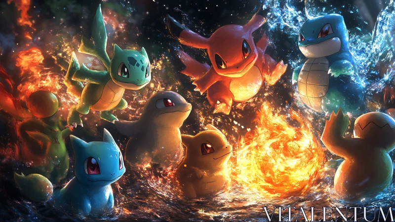 Playful elemental creatures gather around swirling fire.