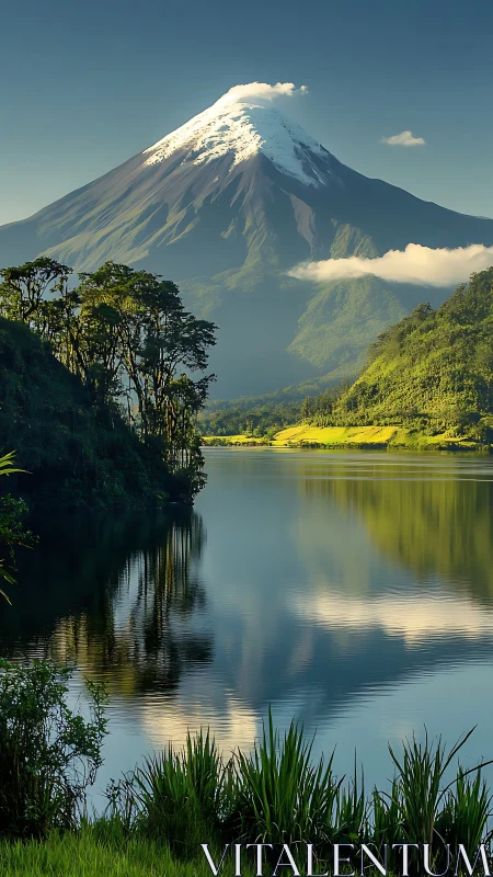 Snowcapped volcano towers above mirror lake at sunrise.