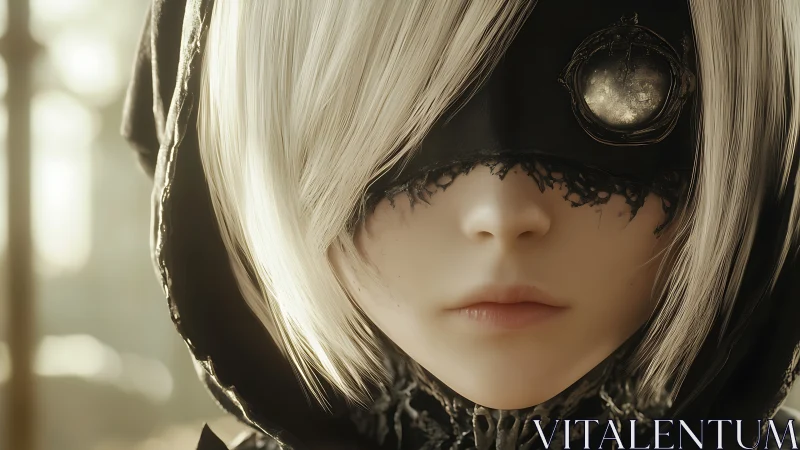 Masked silver haired anime girl in soft golden light.