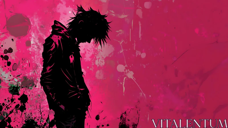 Neon loner silhouette sunk in splattered magenta storm.