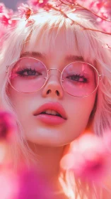 Soft pink portrait with dreamy blossoms and tinted lenses.