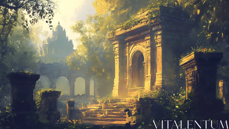 Sunlit overgrown temple gate anchors atmospheric jungle ruins