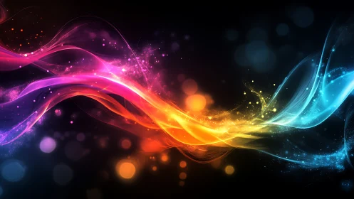 Colorful light waves stream across a dark cosmic void.