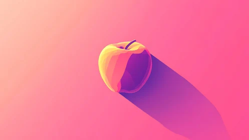 Low poly yellow apple casting long shadow on pink field.