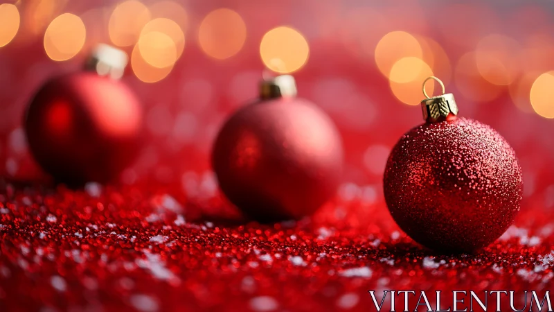 Red Christmas baubles rest on glittered surface in bokeh light