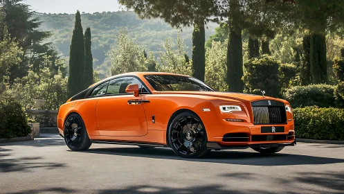 Sunlit tangerine luxury coupe glides through tranquil gardens.