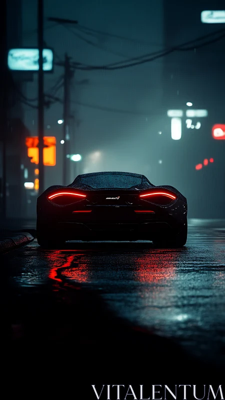 Sports car rear view on wet neon city street at night.