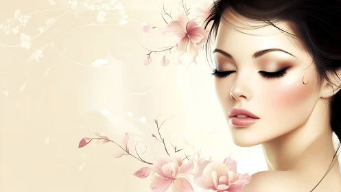 Female portrait with stylized floral elements on beige field.