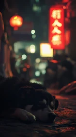 Sleeping dog on wet city street under neon red lights.