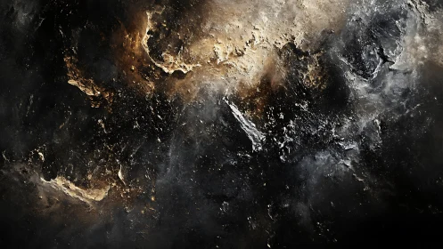 Cosmic dust swirls across a dark, molten celestial expanse.