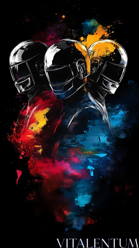 Three helmeted figures with abstract color splashes on black.