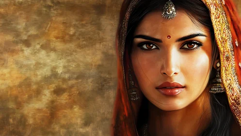 Digital portrait of Indian woman in warm textured chiaroscuro