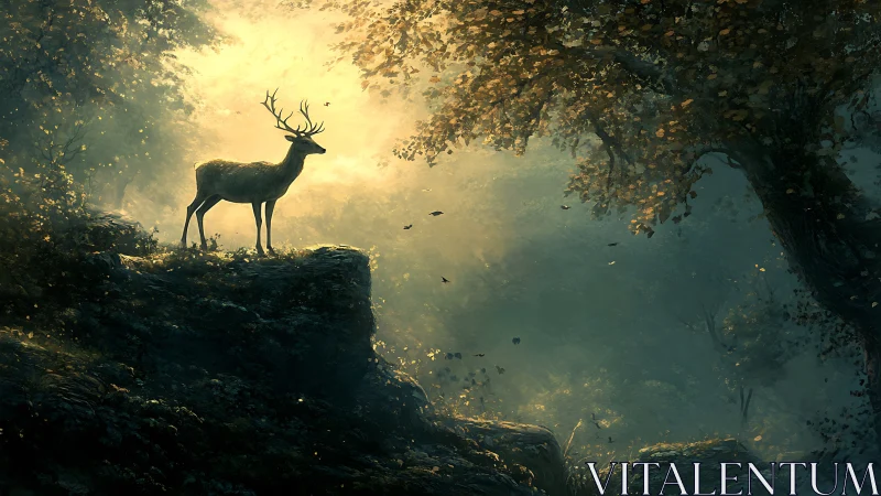 Golden forest stag pausing in a quiet morning glow.