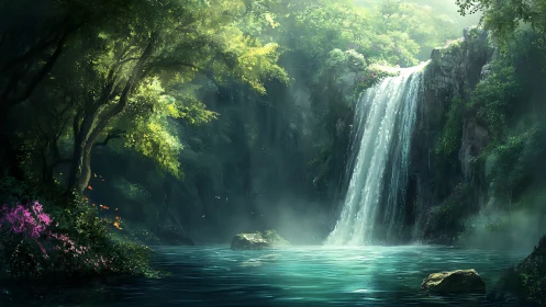 Lush forest waterfall pouring into calm turquoise pool.