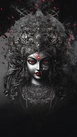 Divine dark goddess portrait with ornate silver crown.