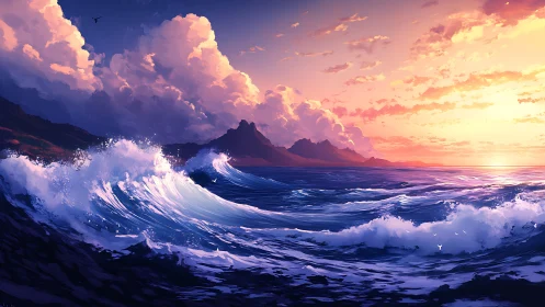 Ocean waves advance toward distant coastal mountains at sunset
