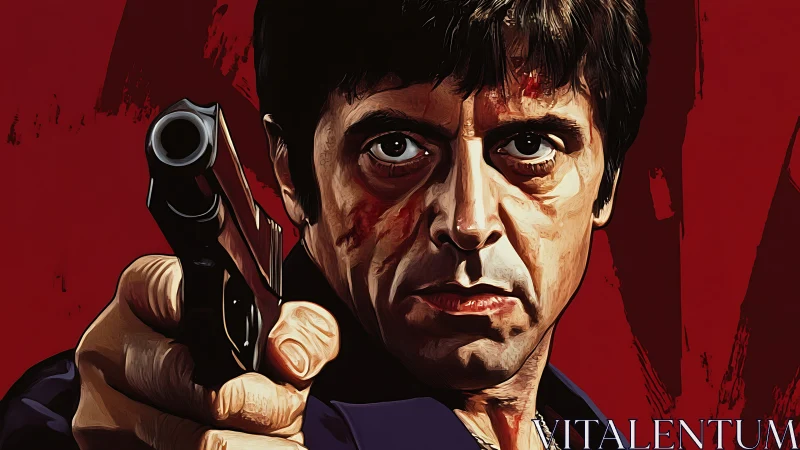 Digital portrait of armed man against red painted backdrop.