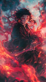 Sword‑wielding anime warrior framed by swirling firestorm.