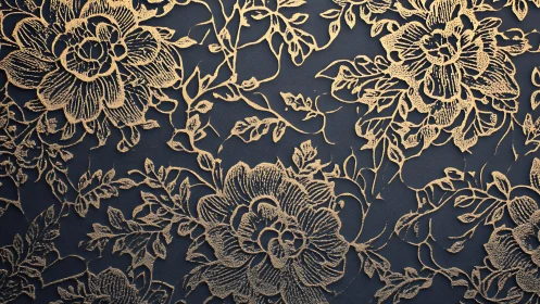 Metallic gold floral lace relief on matte charcoal textile field