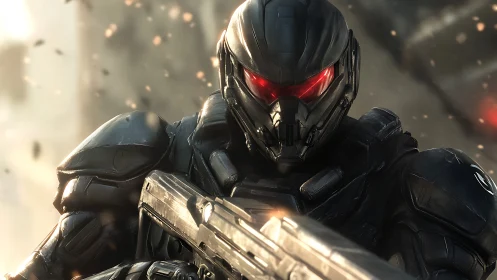 Armored cyber soldier levels rifle amid urban firefight