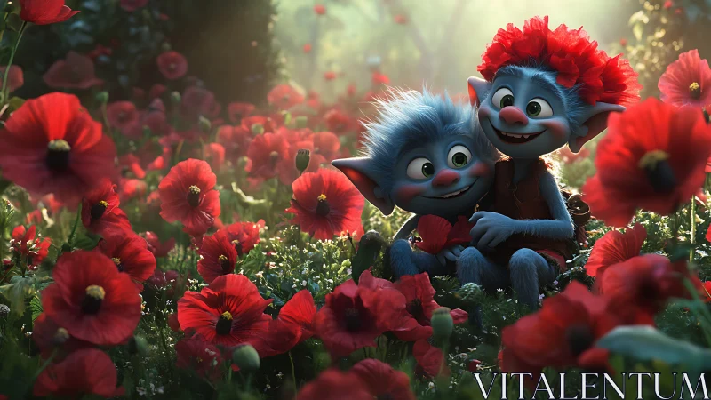 Blue furry goblin siblings sit smiling in sunlit poppy field