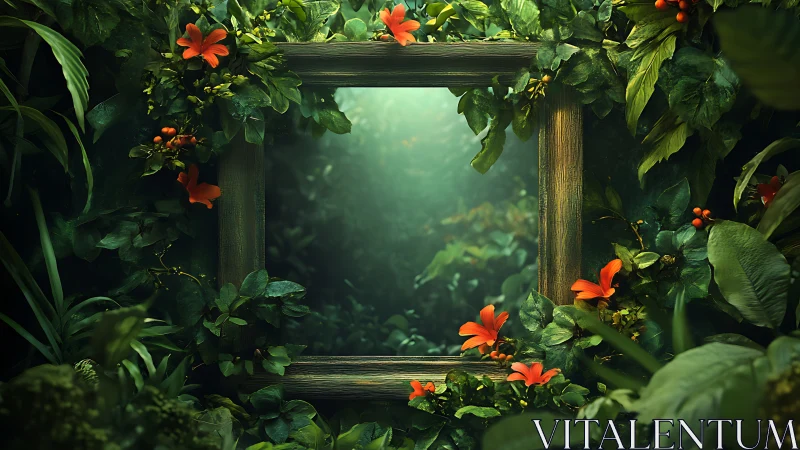 Wooden frame opens atmospheric green corridor within foliage