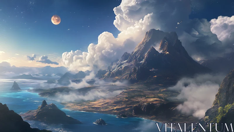 Digital landscape shows coastal mountains under distant moon