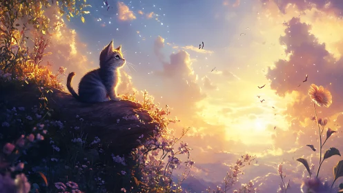 Felid silhouette observing volumetric sunset cloudscape glow.