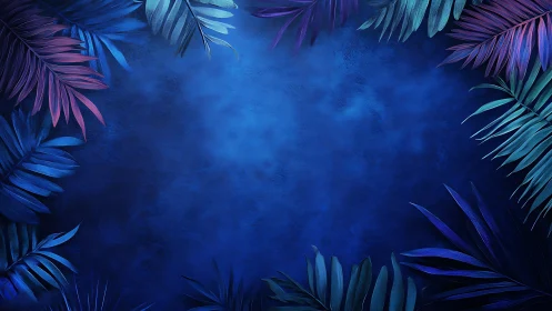 Midnight jungle leaves frame a luminous sapphire hush.