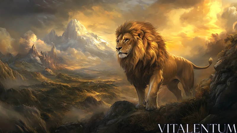 Lion stands on rocky ledge overlooking vast mountain valley