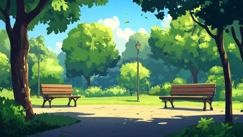 Two wooden benches face each other in a tree-lined park