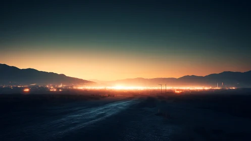 Desert road to ember-bright city at electric twilight.