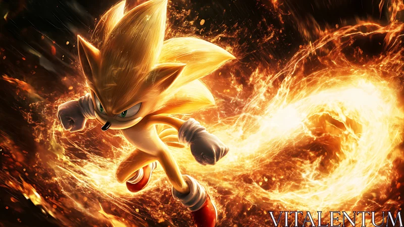 Blazing golden hedgehog hero races through a swirling firestorm
