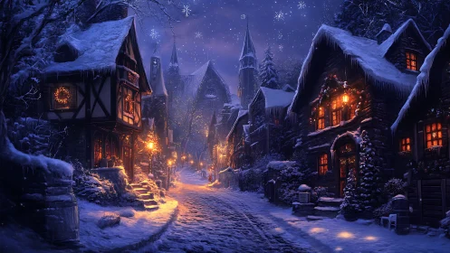 Snow-covered village street with illuminated winter houses.