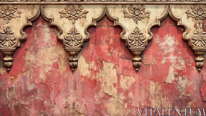 Ornate carved cornice over distressed red stucco wall.