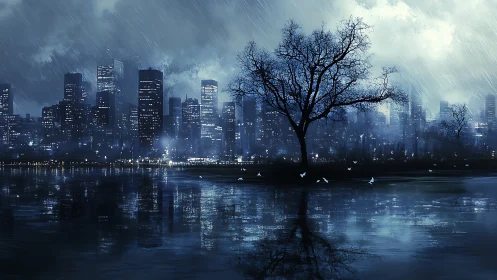 Rain-soaked skyline contrasts silhouetted tree and reflective water