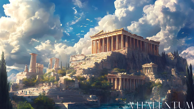 Sunlit Acropolis dreams rise beneath tempestuous skies.