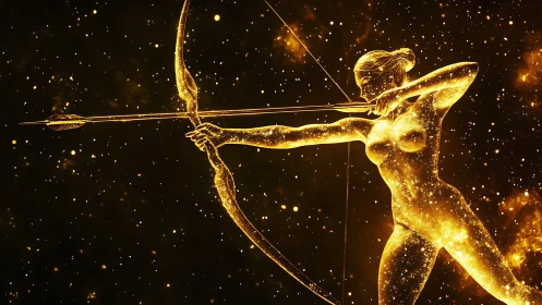 Celestial archer silhouette formed by radiant golden stardust.